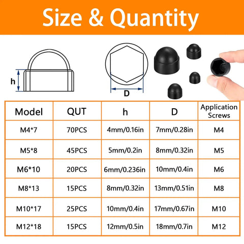 Size chart for Must-Have Dope Acorn Cap Nut Kit 190-Piece Set In Six Metric Sizes M4 M5 M6 M8 M10 M12 with nylon dome covers