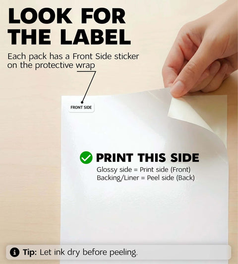 Printable vinyl sticker paper sheet, 8.5x11 inches, white glossy front side shown with peel-back liner.