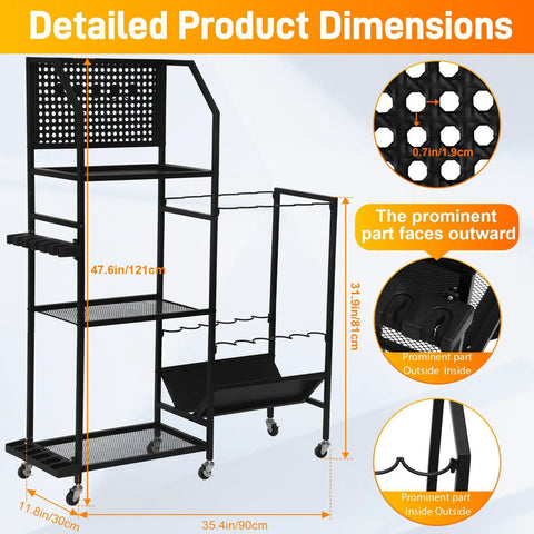 3 Tier Fishing Pole Rack With Lockable Wheels Holds Up To 18 Rods And Keeps Gear Handy With Pegboard Hooks For Lures Pliers And Tackle Heavy Duty Garage Organizer Stand For Quick Access displayed with dimensions