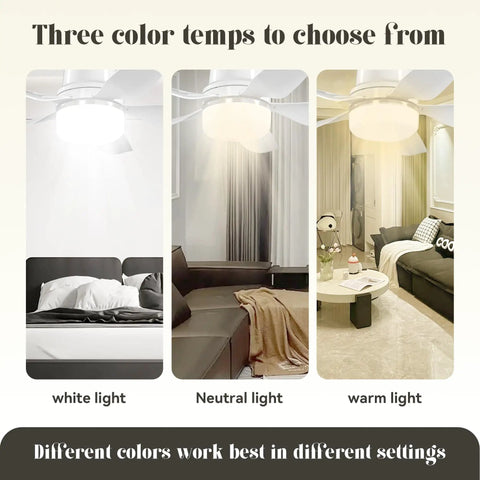 Ceiling Fan Light With Remote, Dimmable LED, Four Speeds, 3000K To 6500K, Up To 1000 Lumens, Two In One Socket Light, 28 Inch Ceiling Fixture for varying color temperatures in different room settings.