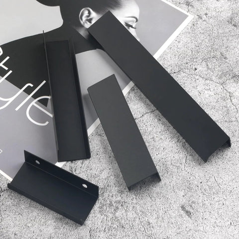 Black Hidden Edge Cabinet Handles 10 Pack for Drawers and Cabinets With Finger Edge Pulls in Space Aluminum displayed on a surface