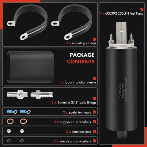 Package contents of High Flow Universal External Fuel Pump 255 LPH Inline High Pressure Fuel Pump With EZ Install Kit Replacement GSL392 400 939 Fitment For Most Cars And Trucks.