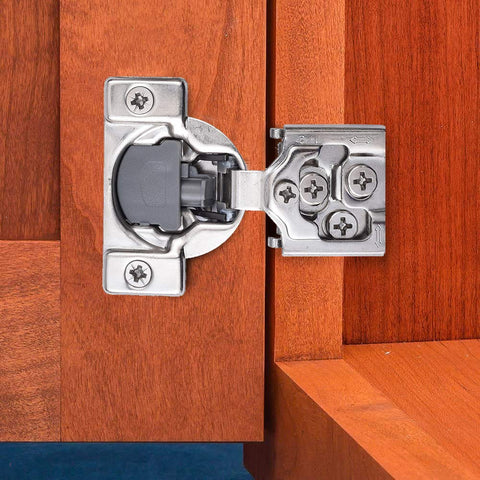 Installed view of Twenty Pack One Half Inch Overlay Soft Close Concealed Kitchen Cabinet Hinges Satin Nickel Three Way Adjustable