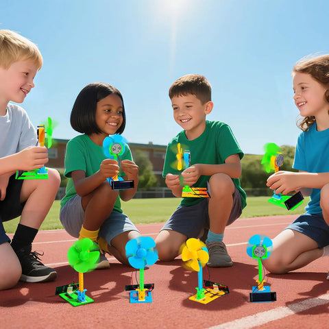 Children playing with Bulk Solar Powered STEM Kits Eight Pack Of Solar Powered Fans in outdoor setting