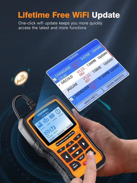 Hands holding NT510 Elite OBD2 Scanner For Honda And Acura Bidirectional Full System Diagnostics with update screen displayed