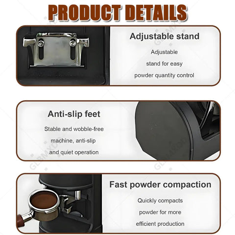 Electric Coffee Tamper 58mm Automatic Espresso Tool with adjustable stand and anti-slip feet for stable operation.