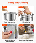4-step process of using Pro Grade High Speed Electric Grain And Spice Mill Grinder 2100W Stainless Steel Pulverizer