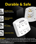 Heavy Duty Six Outlet Wall Tap Adapter With Three Prong Grounded Power Splitter and Soft LED Night Light Cover, featuring safety icons.