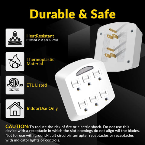 Heavy Duty Six Outlet Wall Tap Adapter With Three Prong Grounded Power Splitter and Soft LED Night Light Cover, featuring safety icons.