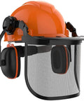 All In One Industrial Forestry Safety Helmet With Adjustable Mesh Face Shield And Ear Muffs For Chainsaw Use Eye And Hearing Protection Arborist Gear Pro Grade PPE For Outdoor Forestry Tasks Orange side view