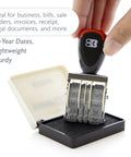 Hassle Free Rotating Date Stamp With Separate Black Ink Pad For Filing Invoices And Papers 12 Year Band Range No Sweat Setup close-up view with heavy duty grip