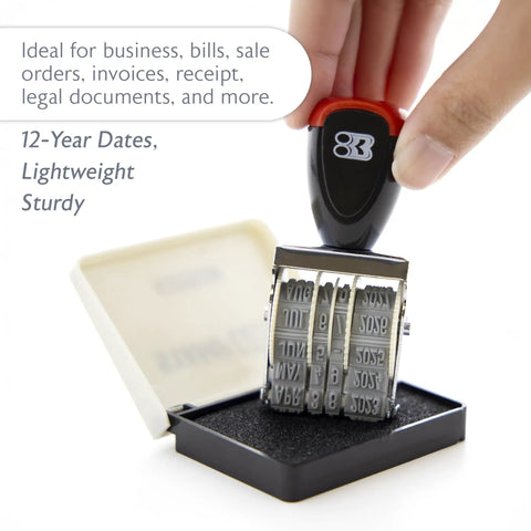 Sleek Rotating Date Stamp With Premium Dedicated Black Ink Pad And 12 Year Dial Bands For Smashing Invoices Files And Paperwork Smooth Sailing Top Quality Office Staple 2 Pack displayed in hand with date wheels visible.