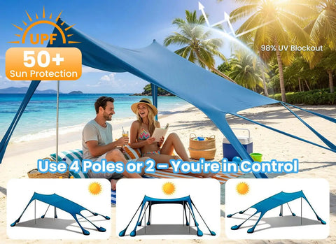 Couple relaxing under Spacious 10x10 Beach Tent With UPF 50 Sun Shelter on a sunny beach