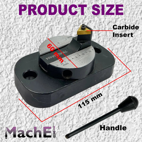 Lathe Ball Turning Attachment with Size Scale Oval Base and Single Bit for Precise Concave and Convex Ball Turning Grab and Go Mount on Cross Slide Adjustable Head for Different Ball Sizes Works with Myford and Similar Lathes, showing carbide insert and handle.