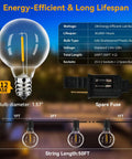 Infographic of 100ft Outdoor String Lights Two Pack 50ft Each Waterproof Connectable Dimmable With 52 LED Shatterproof Bulbs Globe G40 with specs.