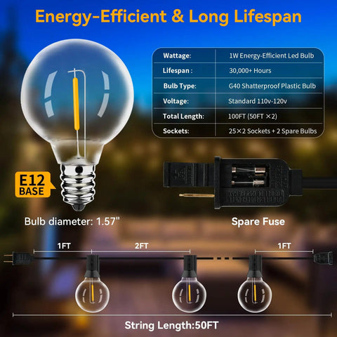 Infographic of 100ft Outdoor String Lights Two Pack 50ft Each Waterproof Connectable Dimmable With 52 LED Shatterproof Bulbs Globe G40 with specs.