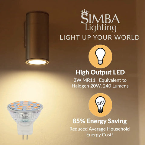 LED MR11 Flood Light Bulbs 10 Pack 12V 3W 240 Lumens 20W Halogen Replacement GU4 Bi Pin Base packaging and bulb illustration