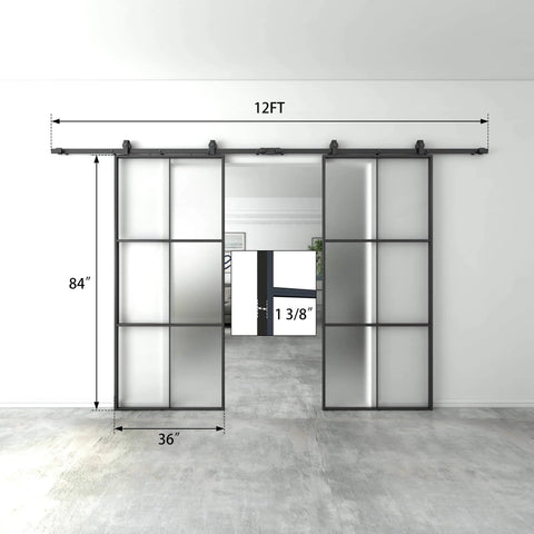 72 By 84 Inch Double Glass Barn Door With Frosted Glass And Black Aluminum Frame Sliding Door Hardware Kit Installed