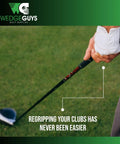 Person holding golf club with All In One Golf Grip Regripping Kit For Home Use With Hook Blade 15 Or 30 Tape Strips 5 Or 8 Oz Solvent.