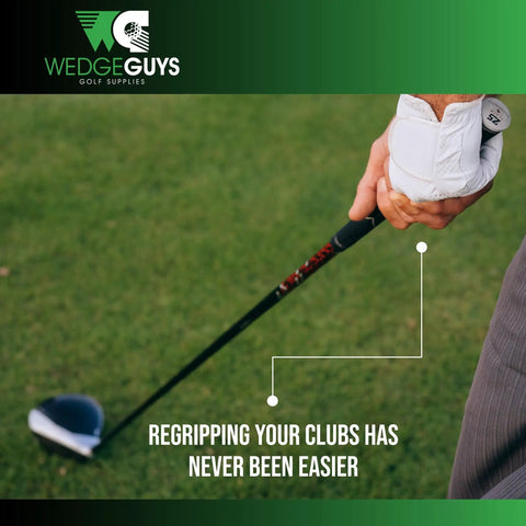 Person holding golf club with All In One Golf Grip Regripping Kit For Home Use With Hook Blade 15 Or 30 Tape Strips 5 Or 8 Oz Solvent.