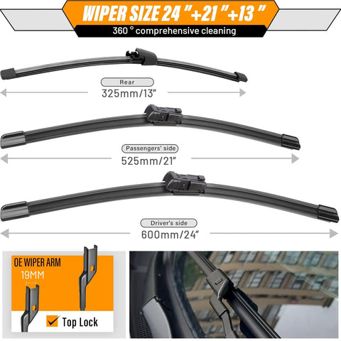 24 Inch And 21 Inch Windshield Wiper Blades With 13 Inch Rear Wiper For VW Tiguan 2007-2017 Pack Of 3 All Weather OEM Quality