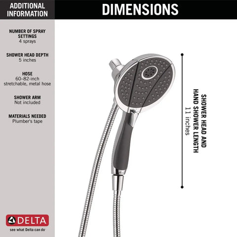 Two In One Dual Shower Head With Handheld Spray In Chrome, Detachable Shower Head With Hose, spa quality diagram and dimensions.