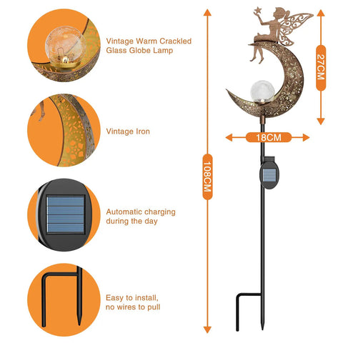 Dimensions and features of Solar Powered Angel Moon Dope Crackle Glass Globe Path Lights For Garden Lawn Patio Or Courtyard Waterproof
