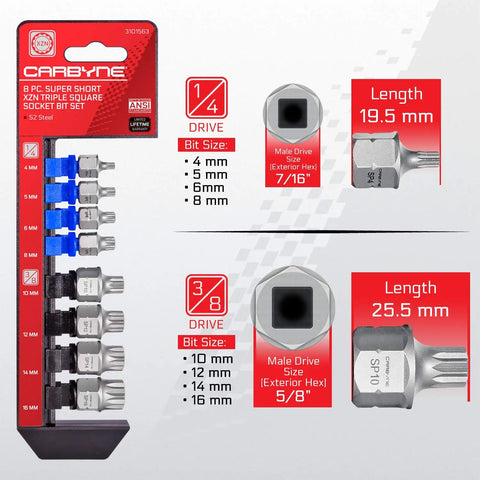 XZN Triple Square Stubby Low Profile Bit Socket Set 4Mm To 16Mm 12 Point Spline S2 Steel packaging and parts details