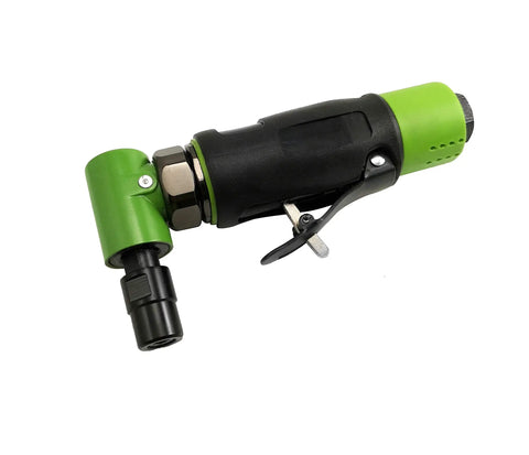 Quarter Inch Air Drive Angle Die Grinder Equipped With A Rotating 360 Degree Exhaust Hood To Blast Dust Off Your Workspace