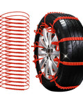 Wicked Strong 20 Pack Plastic Snow Tire Chains For Cars SUVs Trucks, red nylon chains fitted on a tire for traction.