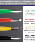 Pro Grade 7 Ounce Soldering Flux With 4 Piece Pixiss Scratch Brush Pen Set showing nylon, fiber, brass, and steel bristles.
