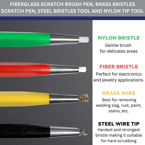 Pro Grade 7 Ounce Soldering Flux With 4 Piece Pixiss Scratch Brush Pen Set showing nylon, fiber, brass, and steel bristles.