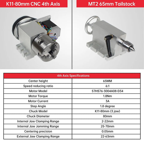 CNC Rotary Axis 4th Axis With 3 Jaw Chuck Hollow Shaft Dividing Head A Axis 65mm Tailstock 6 To 1 Reduction For CNC Router Engraving Milling Lathe Machine Pro Grade Heavy Duty