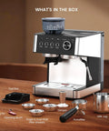 15 Bar Espresso Machine With Built In Anti Clog Grinder And Stainless Steel Coffee Maker 77.8 Oz Removable Water Tank on table
