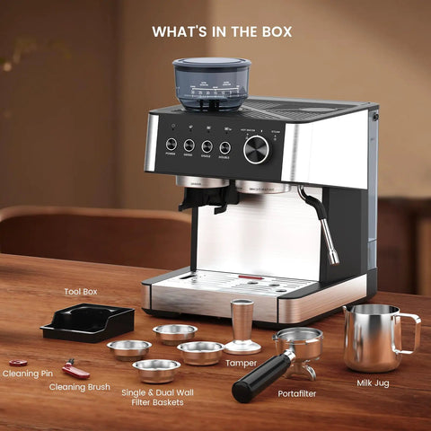 15 Bar Espresso Machine With Built In Anti Clog Grinder And Stainless Steel Coffee Maker 77.8 Oz Removable Water Tank on table