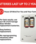 Battery compartment for Fully Wireless Garage Door Monitor System With Whole House Alerts And Custom Beeps Lights And Delays No WiFi Needed Two Minute Install Perfect For Seniors And Peace Of Mind Across Your Home.