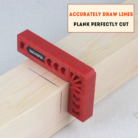 Heavy Duty Positioning Squares For Woodworking Set Of Eight Precision Layout Gauges With Dual Scale Edges on a plank marking for cutting.