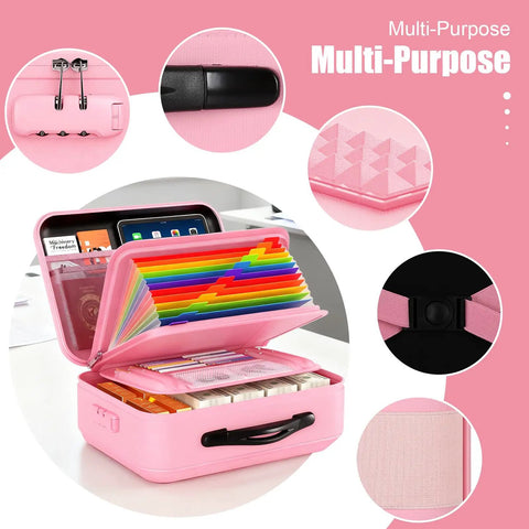 Multi-purpose pink document safe with lock, open view showing colorful file organizer and documents inside. Features inset details.