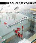 Product set of Tough As Nails Tungsten Carbide Scribe Pen with knurled aluminum handle, nibs, and ruler on glass surface.