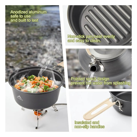 All In One Camping Cookware Gear With 3500W Portable Stove, 1.70L pot cooking with vegetables, non-stick pan, kettle pouring water