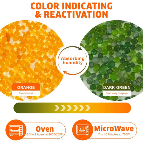 Color changing silica gel desiccant balls for moisture absorption, showing orange and dark green beads, 2 pounds of heavy duty moisture control.
