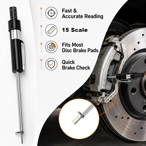 Heavy Duty Brake Pad Thickness Gauge With Slim Probe For Quick No Wheel Removal Checks Precise Millimeter Scale For Internal And External Pads Slick No Sweat Brake Diagnostics Tool