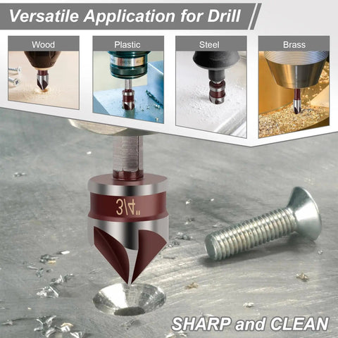 Five Piece Countersink Drill Bit Set With 82 Degree HSS Countersink Bits shown drilling clean holes in wood, plastic, steel, brass.