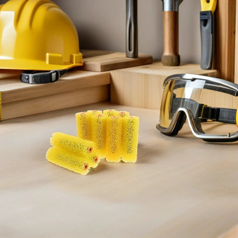 Pro Level Texture Sponge Paint Rollers Deliver A Knockout Exterior Finish Adapts Smoothly To Rough Walls Hassle Free Coating Grab The Yellow 40 Piece Set Today, set of yellow sponge rollers on a workbench.