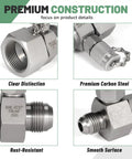 JIC37 Hydraulic Swivel Run Tees Set 7 Pack showing carbon steel material and rust-resistant smooth surface details