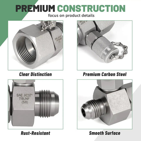 JIC37 Hydraulic Swivel Run Tees Set 7 Pack showing carbon steel material and rust-resistant smooth surface details