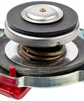 Safety Lever Radiator Cap With Built In Vent For Quick Pressure Release Keeps Coolant System Pressure No Fuss Install And Removal Reliable Auto Cooling Cap For Cars Trucks And DIY Maintenance, metal cap with red lever and coil spring.
