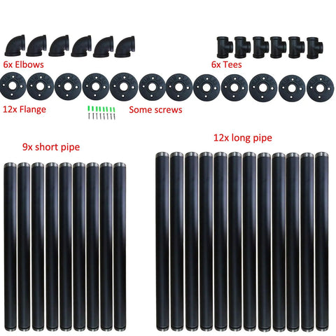 Industrial Iron Pipe Shelf Kit Four Tier Wall Mount Open Shelves Black For Home Office Kitchen 42 Inches Tall 12 Inches Deep Three Quarter Inch Pipe DIY Shelving Brackets Hardware Included, showing components like elbows, tees, flanges, and pipes.