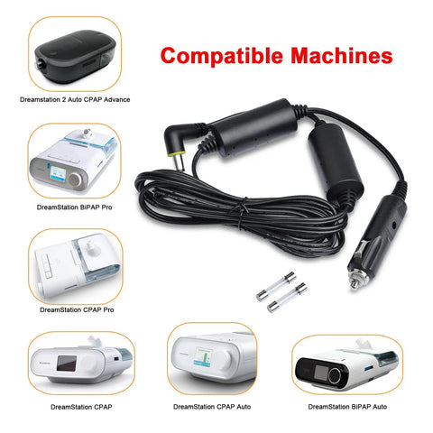 12V DC Power Cord For DreamStation CPAP BiPAP Car Charger Cable On The Go With Cigarette Lighter Six Point Five Ft Replacement Power Adapter For DreamStation 2 Auto CPAP Pro And Auto Models with compatible machines shown.