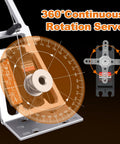 Front view of HobbyPark 360° continuous rotation servo with orange dial and metal gears.